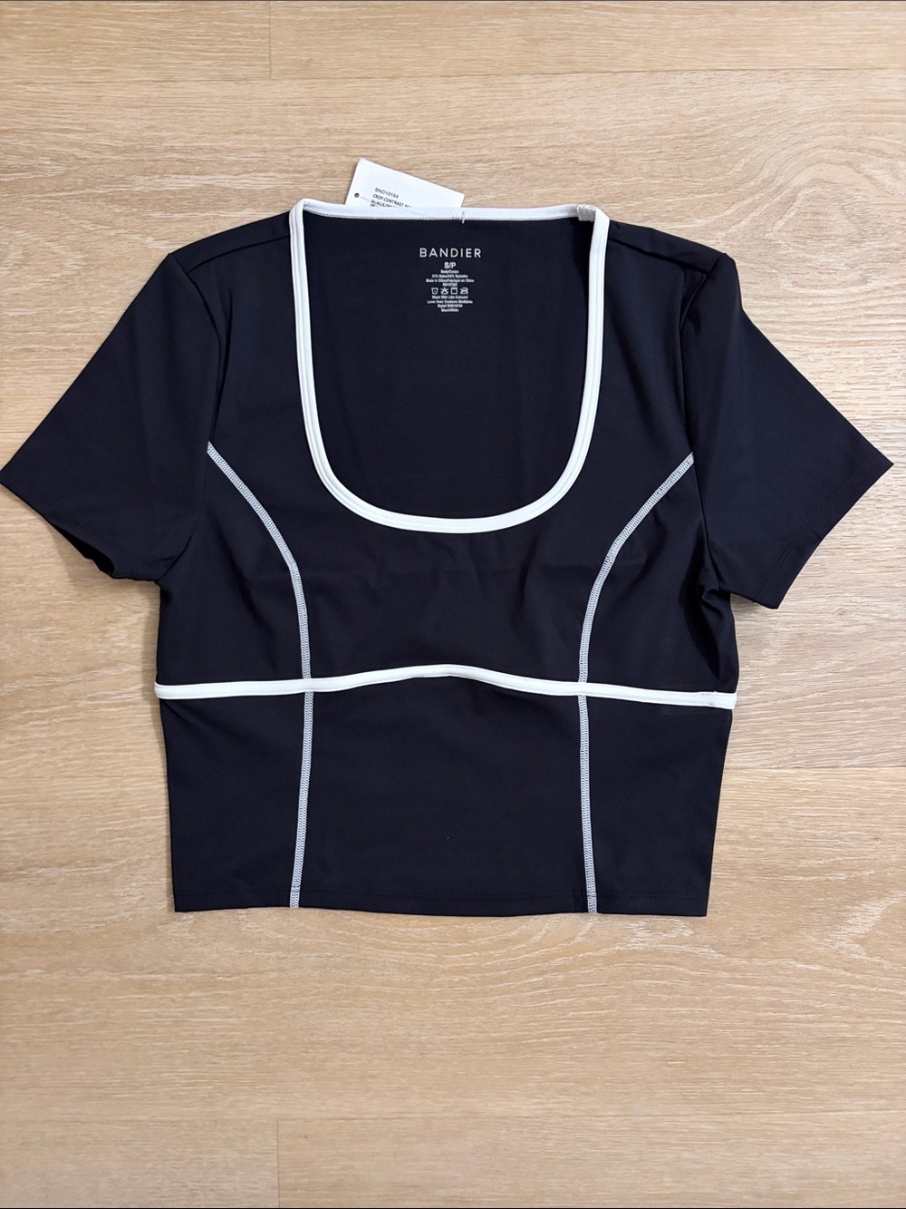 Black Cropped Square-Neck Top with White Piping